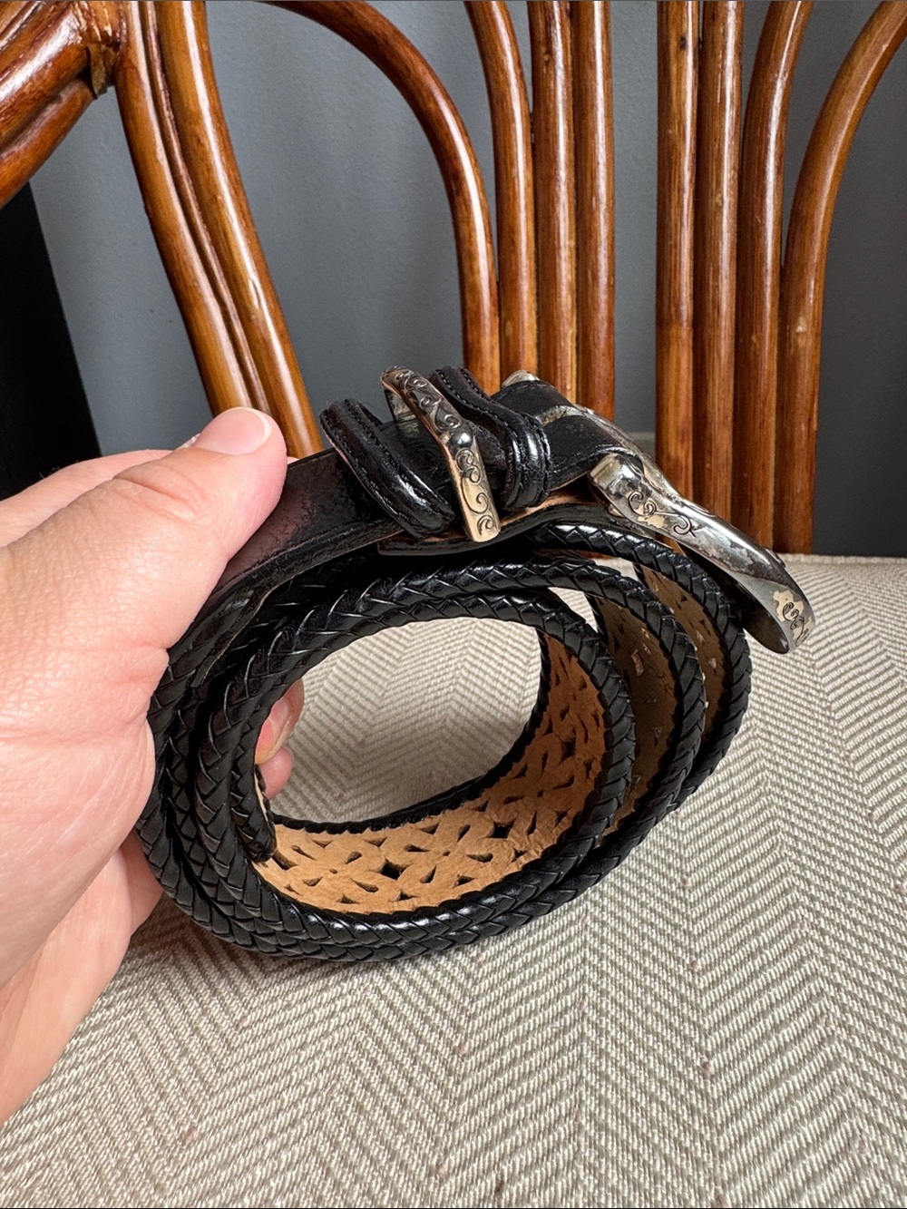 Vintage Brighton Black Braided Leather Belt with Decorative Silver Buckle